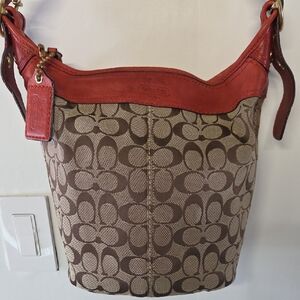 Coach Monogram Canvas Shoulder Bag with Red Leather Trim Vintage